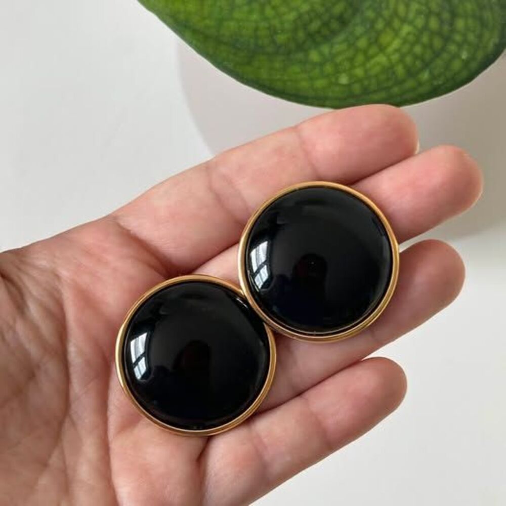 Vintage Black & Gold Dome Button Stud Earrings